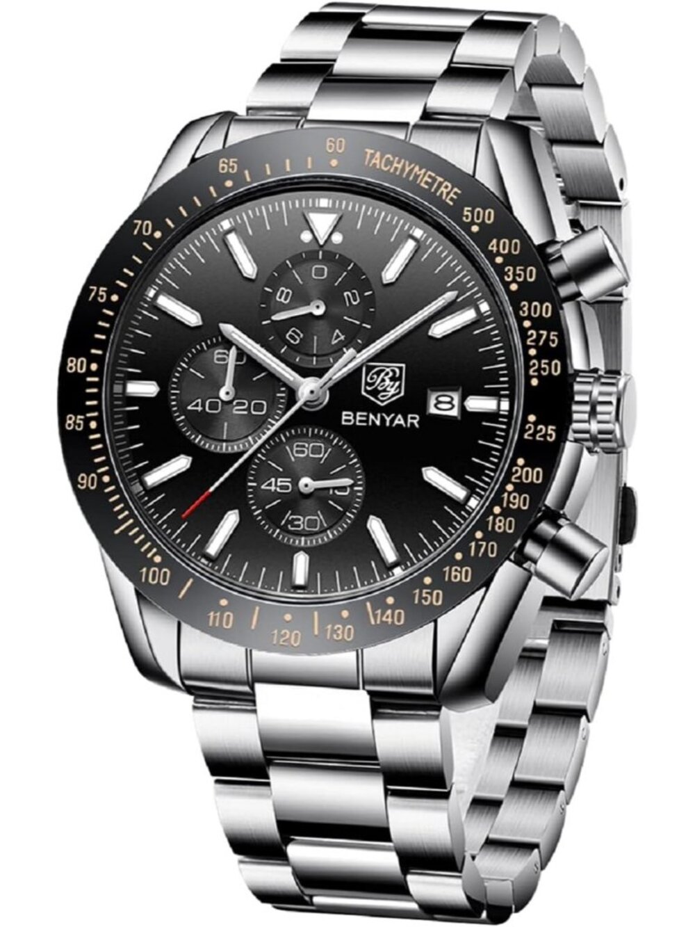Mens Black Face Analog Silver Strap Chronograph Luminous Designer Casual Watch